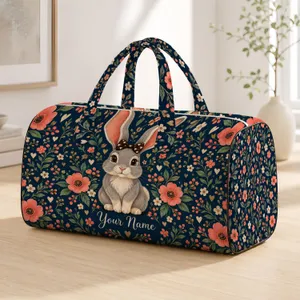 Gray Bunny with Coral Bow and Flowers for Cheerful Weekend Getaways and Daily Travel Quilted Weekend Bag