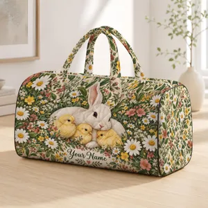 White Rabbit and Fluffy Chicks with Daisy Blooms for Springtime Getaways and Nature Lovers Quilted Weekend Bag