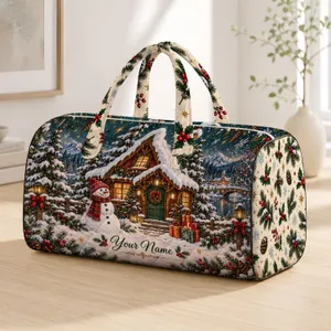 Snowman Cabin Christmas Scene for Cozy Winter Holiday Getaways and Festive Travel Quilted Weekend Bag