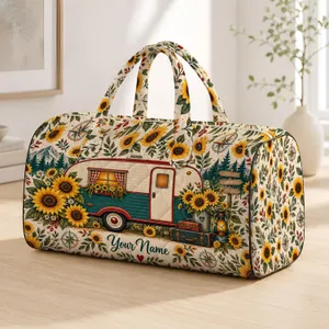 Sunflower Camper Van in Golden Wildflower Fields for Relaxed Road Trip and Camping Quilted Weekend Bag