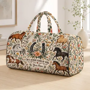 Watercolor Horse Herd and Horseshoe Blooms for Equestrian Getaways and Farm Days Quilted Weekend Bag