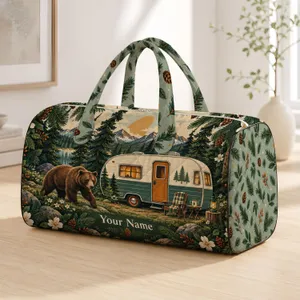 Vintage Camper Trailer, Bear And Pines For Mountain Travel And Weekend Escapes Quilted Weekend Bag