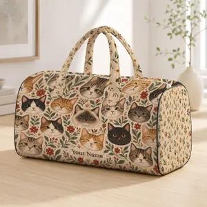 Vintage Cat Faces in Warm Tones for Cozy Weekend Getaways and Everyday Travel Lovers Quilted Weekend Bag