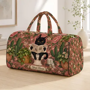 Black Cat Reading a Newspaper Among Cacti for Whimsical Everyday Escapes Quilted Weekend Bag