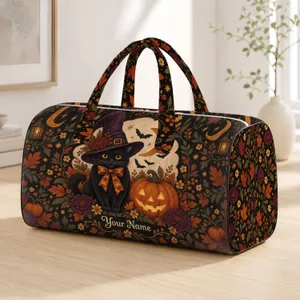 Halloween Black Cat, Pumpkin and Moon for Autumn Getaways and Spooky Season Quilted Weekend Bag