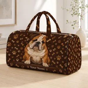 Stocky Bulldog Puppy Portrait With Bone Accents For Dog Lovers And Weekend Getaways Quilted Weekend Bag