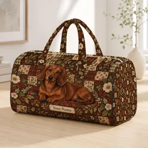 Brown Dachshund with Heritage Florals for Cozy Weekend Getaways and Dachshund Lovers Quilted Weekend Bag