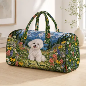 Fluffy Bichon Frise Mountain Wildflowers for Scenic Weekend Getaways Quilted Weekend Bag