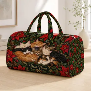 Sleepy Christmas Kittens And Poinsettias For Cozy Winter Holiday Travel Adventures Quilted Weekend Bag