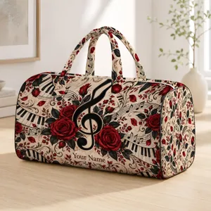 Crimson Roses and Piano Keys for Vintage Music Lovers and Concert Weekends Quilted Weekend Bag