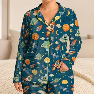 Space Rockets, Satellites and Planets for Cozy Summer Nights and Young Astronauts Satin Pajamas Set