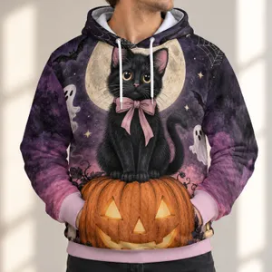 Black Cat Pumpkin Moon Halloween Night Scene for Spooky Autumn Gatherings and Cozy Evenings All-over Print Hoodie (Lightweight)