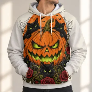Menacing Pumpkin, Black Cats & Red Roses for Halloween Parties and Autumn Nights All-over Print Hoodie (Lightweight)