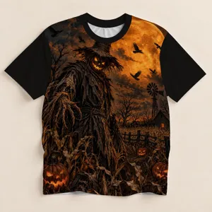 Scarecrow and Glowing Pumpkins for Halloween Nights and Autumn Farm Adventures All-over Print Unisex T-shirt