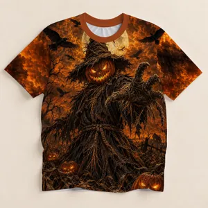 Pumpkin-Head Scarecrow Beneath a Full Moon for Halloween Night and Autumn Gatherings All-over Print Unisex T-shirt