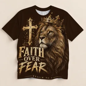 Crowned Lion Cross Faith Over Fear Psalm 56:3 Christian Church Gift for Men All-over Print Unisex T-shirt