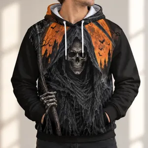 Cloaked Reaper with Scythe Under Orange Moon for Halloween Night and Gothic Fall Wear All-over Print Hoodie (Lightweight)