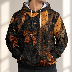 Black Cat, Full Moon and Pumpkin for Spooky Halloween Night Celebrations and Autumn All-over Print Hoodie (Lightweight)