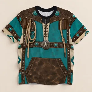 Western Turquoise Ranch Outfit with Fringe and Rope Details for Outdoor Rodeo Days Men All-over Print Unisex T-shirt