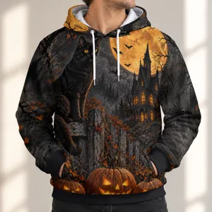 Black Cat Pumpkin Moonlit Haunted House Scene for Halloween Night Party Gatherings All-over Print Hoodie (Lightweight)