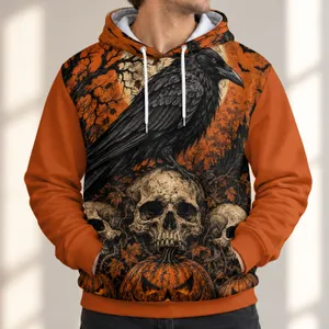 Raven Skull and Jack-o'-Lantern Halloween Scene for Autumn Night Celebrations and Parties All-over Print Hoodie (Lightweight)