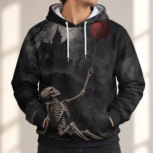 Seated Skeleton With Red Balloon for Spooky Halloween Night Gatherings All-over Print Hoodie (Lightweight)