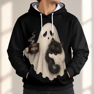 Ghost Hugging Black Cat with Coffee Mug for Cozy Halloween Nights and Fall Gatherings All-over Print Hoodie (Lightweight)