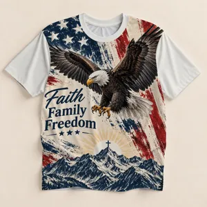 Bald Eagle, Cross and Mountain Faith for Family Freedom and Patriotic Outdoor Wear All-over Print Unisex T-shirt