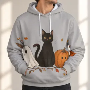 Ghost Cat and Pumpkin Halloween Artwork for Cozy Autumn Celebrations and Parties All-over Print Hoodie (Lightweight)