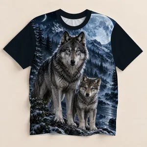 Moonlit Wolves in a Snowy Forest for Outdoor Adventure and Nature Lovers All-over Print Unisex T-shirt