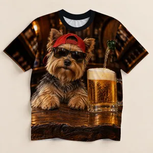 Yorkshire Terrier in Sunglasses with Beer for Funny Pub Nights and Dog Lovers All-over Print Unisex T-shirt