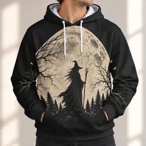 Crescent Moon Witch and Bare Tree Night Scene for Autumn Halloween Evenings All-over Print Hoodie (Lightweight)