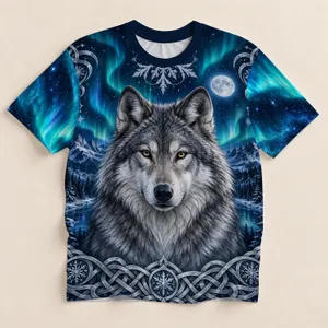 Silver Wolf and Aurora Night Sky for Winter Stargazing and Celtic Style Lovers All-over Print Unisex T-shirt