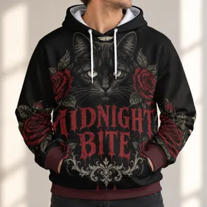 Gothic Cat Crescent Moon and Roses for Halloween Nighttime Style Gift for Women All-over Print Hoodie (Lightweight)
