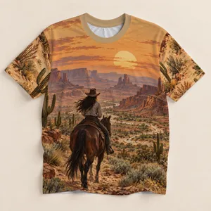 Desert Cowboy on Horse at Sunset for Western Rodeo Lovers and Outdoor Adventure Seekers All-over Print Unisex T-shirt