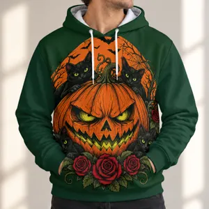 Creepy Pumpkin, Black Cats And Red Roses For Halloween Night Celebrations And Parties All-over Print Hoodie (Lightweight)