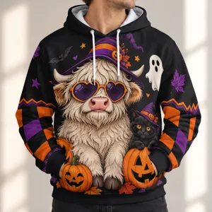 Shaggy Cow Witch with Pumpkins for Playful Halloween Nights, Autumn Parties and Fall Fun All-over Print Hoodie (Lightweight)