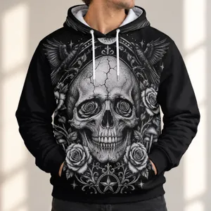 Engraved Skull Rose and Crescent Moon for Gothic Halloween Style All-over Print Hoodie (Lightweight)
