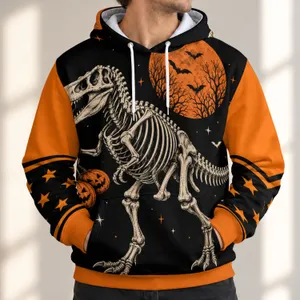 Dinosaur Skeleton and Pumpkin Moon Halloween Night for Spooky Autumn Celebrations All-over Print Hoodie (Lightweight)
