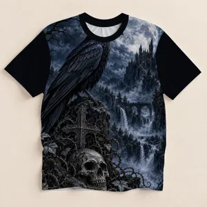 Gothic Raven, Full Moon Castle and Skull for Halloween Nights and Dark Fantasy Fans All-over Print Unisex T-shirt