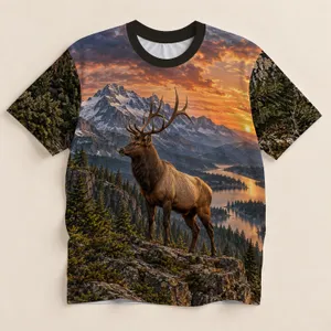 Bull Elk Alpine Lake Mountain Scenery for Hiking Camping and Outdoor Adventure All-over Print Unisex T-shirt