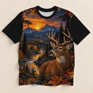 Deer at Sunset Mountain Wilderness Scene for Autumn Hiking and Outdoor Adventures All-over Print Unisex T-shirt