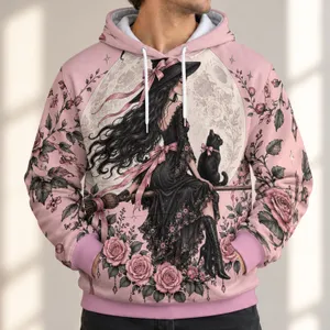 Pink Moon Witch and Black Cat for Whimsical Halloween Night Celebrations and Parties All-over Print Hoodie (Lightweight)