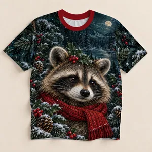Snowy Woodland Raccoon With Holly For Cozy Winter Evenings And Nature Lovers All-over Print Unisex T-shirt