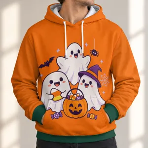 Cute Ghost Trio with Pumpkin Pail for Halloween Trick-or-Treat Celebrations All-over Print Hoodie (Lightweight)
