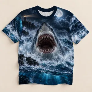 Open-Jawed Shark and Moonlit Lighthouse for Dramatic Coastal Nighttime Adventures All-over Print Unisex T-shirt