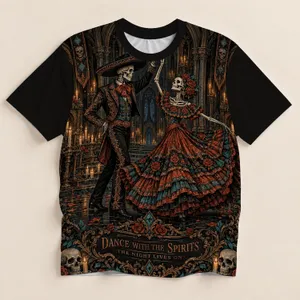 Sugar Skull Couple Dancing Among Roses for Halloween Nights and Day of the Dead Gatherings All-over Print Unisex T-shirt