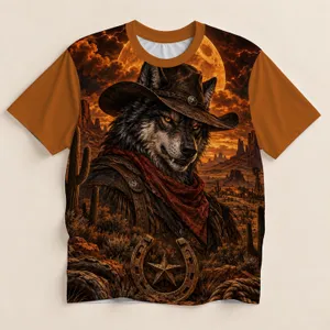Howling Cowboy Wolf Under Fiery Moon for Western Ranch Nights and Casual Outings All-over Print Unisex T-shirt