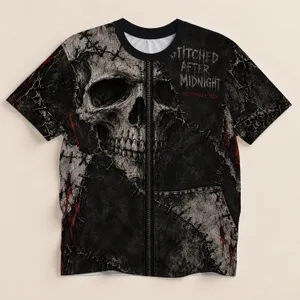 Distressed Skull and Stitched Patchwork for Halloween Nightmares and Gothic Style Fans All-over Print Unisex T-shirt