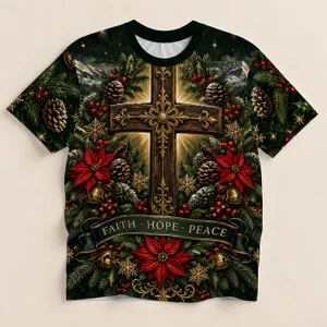 Evergreen Christmas Cross With Faith Hope Peace For Holiday Gatherings All-over Print Unisex T-shirt